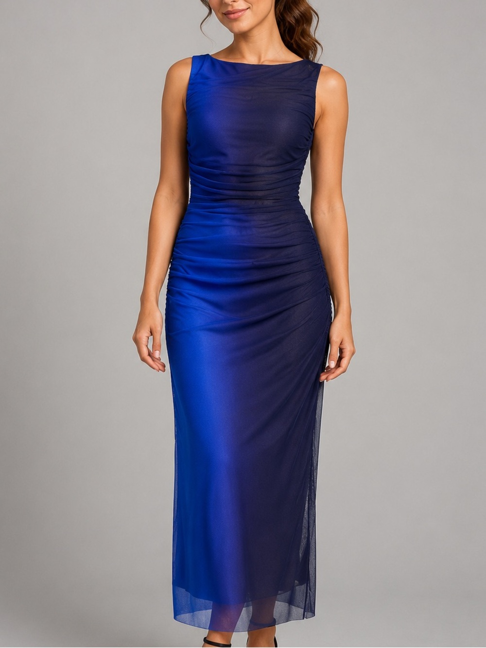 🆕🫐 AQUA Blue Ombre Ruched Mesh Sleeveless Bodycon Maxi Dress S Wedding Guest